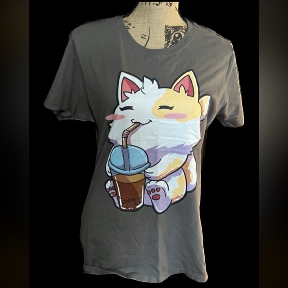 Graphic Tree , Cat T-shirt ,Anime Cat Boba Bubble Kawaii Neko T-Shirt Size L NWT - Picture 9 of 13